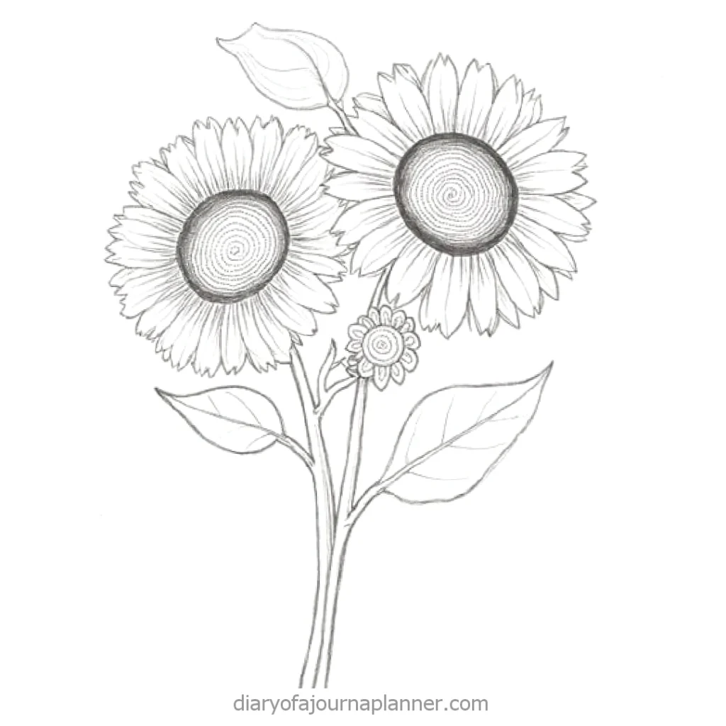 Hand-drawn sunflower sketch with three detailed blooms and leaves against a white background.