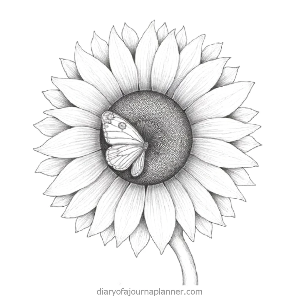 Illustrated sunflower with detailed petals and a butterfly perched at its center. Black and white sketch.