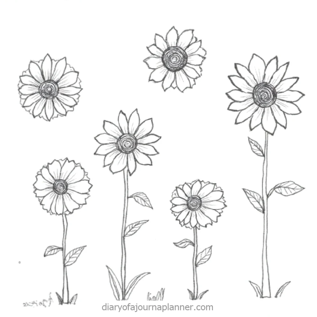 Simple sunflower doodles in pencil, showcasing various sizes and detailed petals, from diaryofajournalplanner.com.