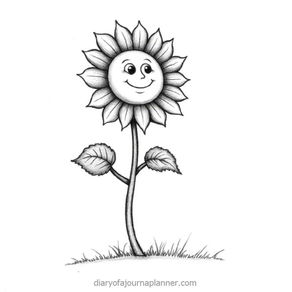Smiling cartoon sunflower sketch with leaves on grassy ground, black and white illustration.