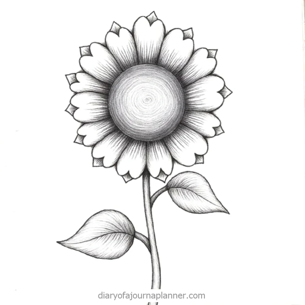 Black and white sunflower drawing with detailed petals and leaves.