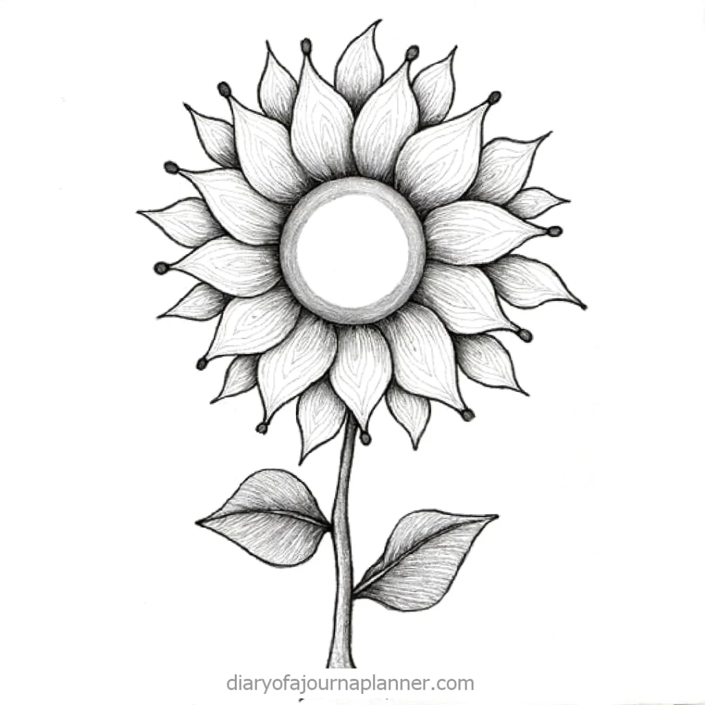 Black and white pencil drawing of a sunflower with detailed petals and leaves.