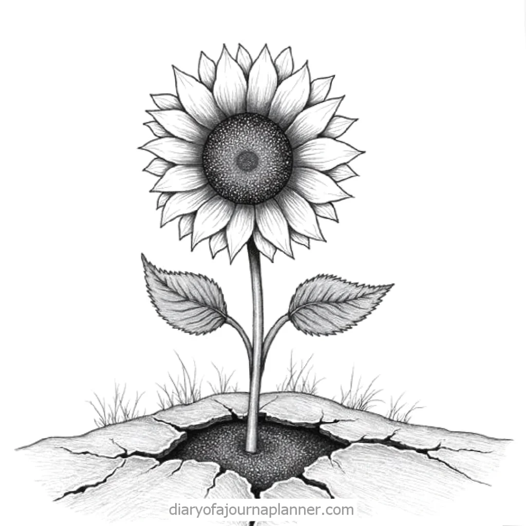 Illustrated sunflower growing from cracked ground, symbolizing resilience and growth.