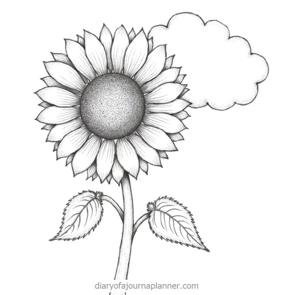 Black and white sunflower drawing with cloud sketch in background. Ideal for coloring or nature-themed projects.