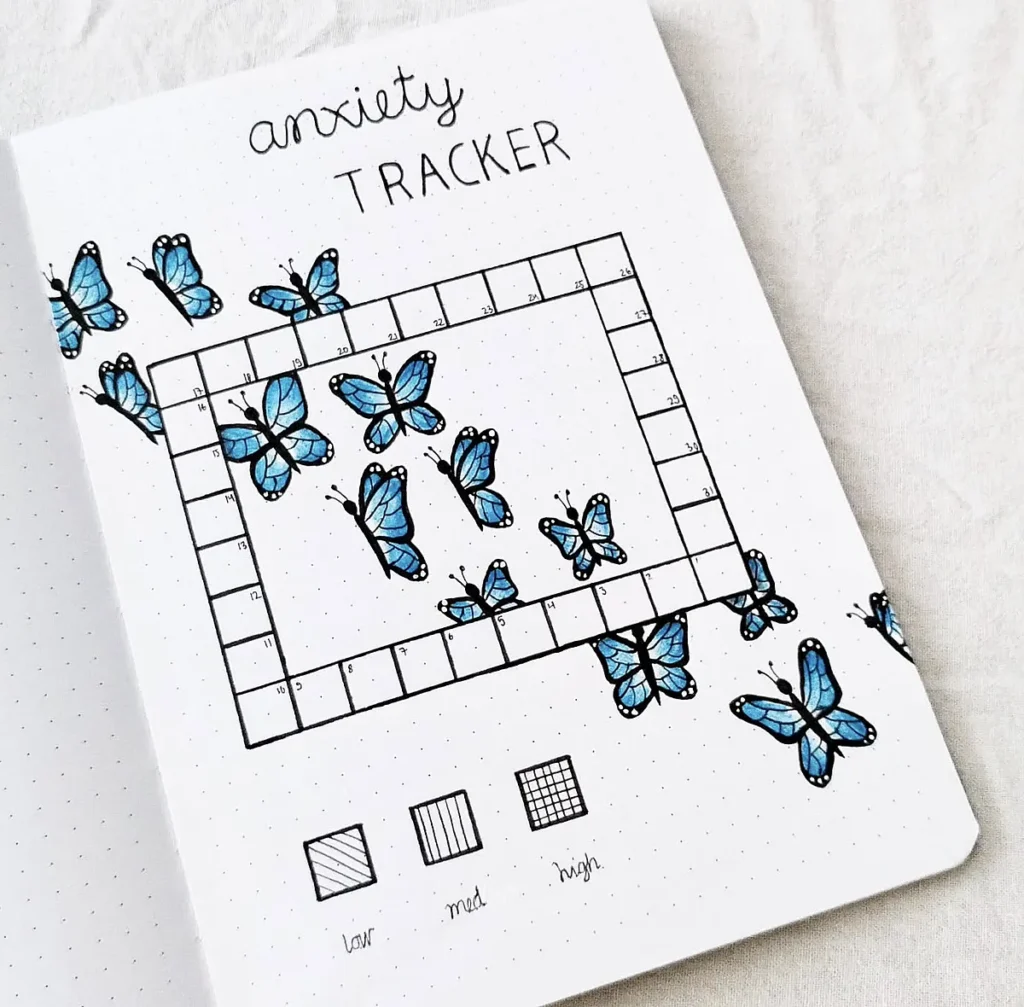 Bullet journal page with blue butterflies and a grid to track anxiety levels, labeled low, medium, and high.