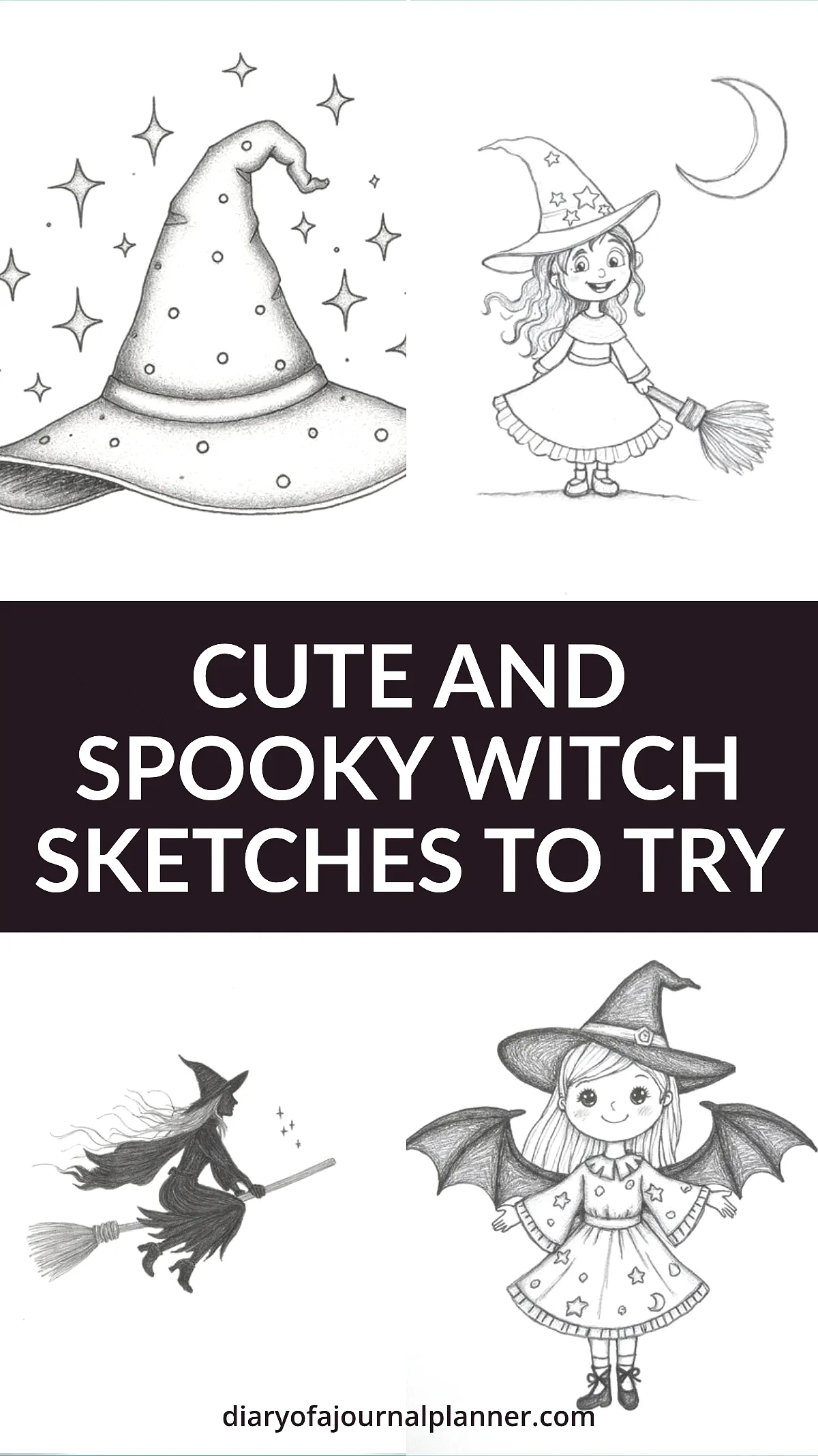 Cute and spooky witch sketches: hats, brooms, and charming characters perfect for Halloween creativity.