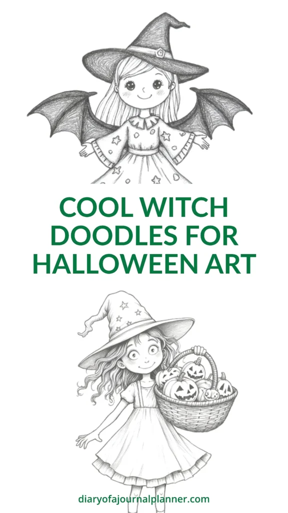Cute witch doodles with hat, wings, and pumpkins for Halloween art inspiration.