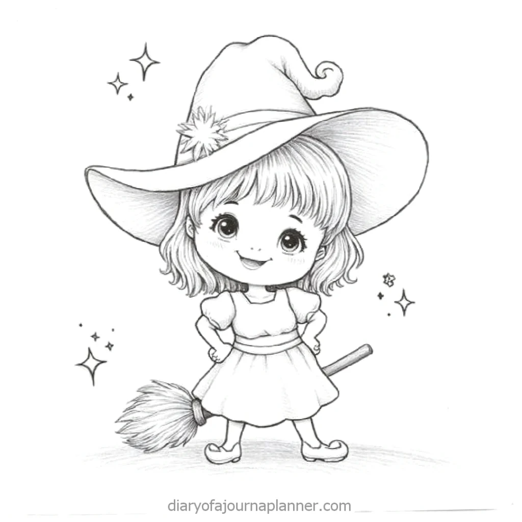 Cute cartoon witch with hat and broom, surrounded by stars, drawn in black and white.
