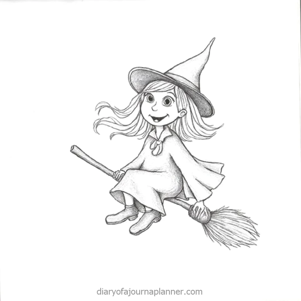 Drawing of a smiling witch on a broomstick, wearing a pointed hat and flowing dress.