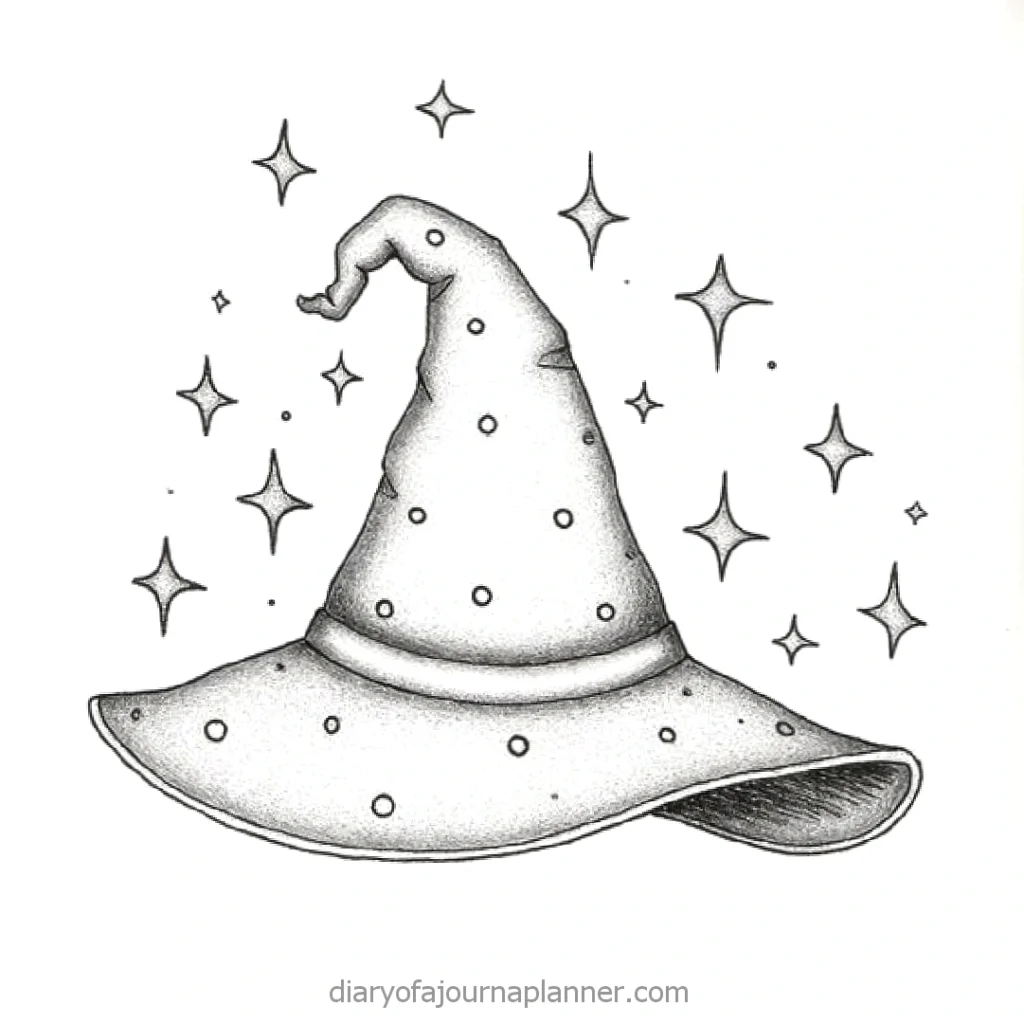 Whimsical wizard hat sketch with stars, ideal for magical journaling or Halloween-themed designs.