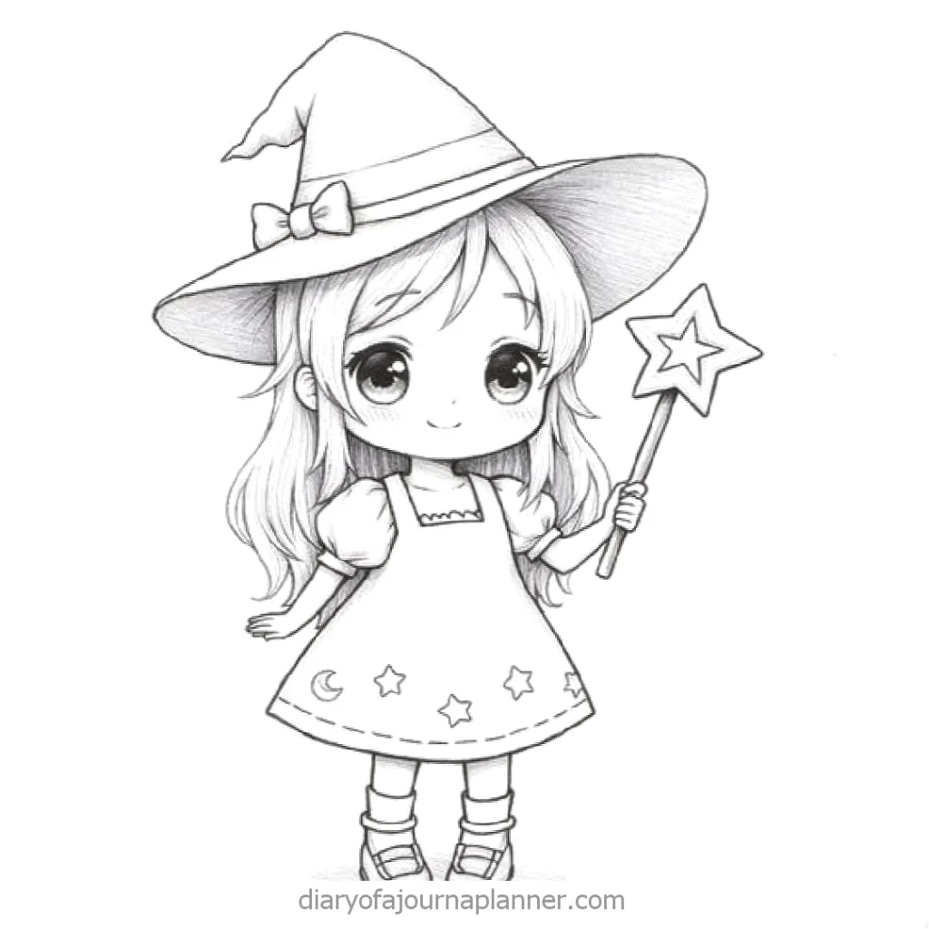 Cute chibi witch with a star wand and hat. The witch wears a dress with star and moon designs. Black and white sketch.