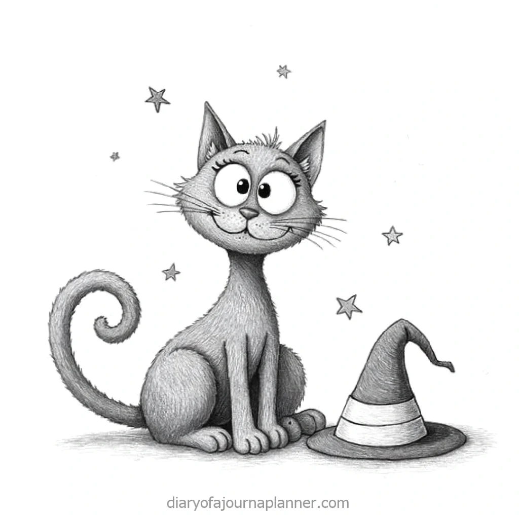 Cute cartoon cat with a witch hat and stars, perfect for Halloween decoration or greeting card.