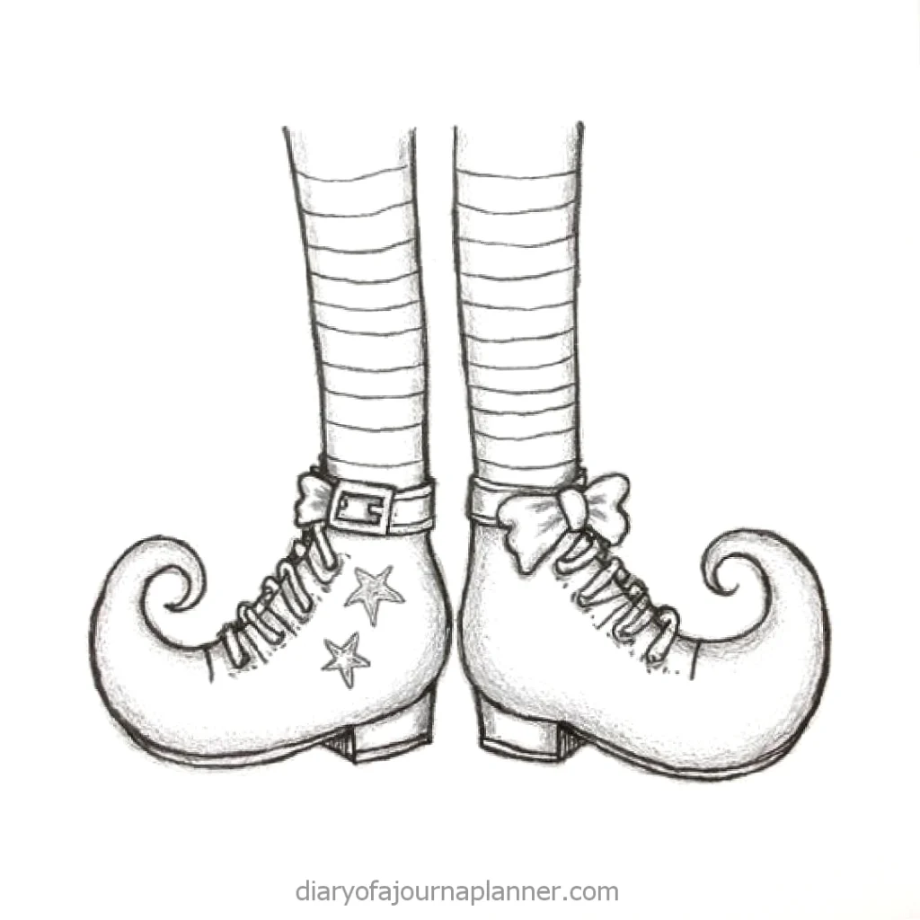 Illustration of quirky elf shoes with striped socks, featuring stars and bows, ideal for whimsical designs and crafts.