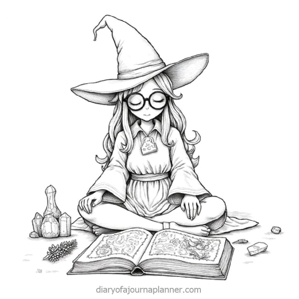 Illustration of a young witch reading a spellbook, surrounded by crystals and potion bottles.