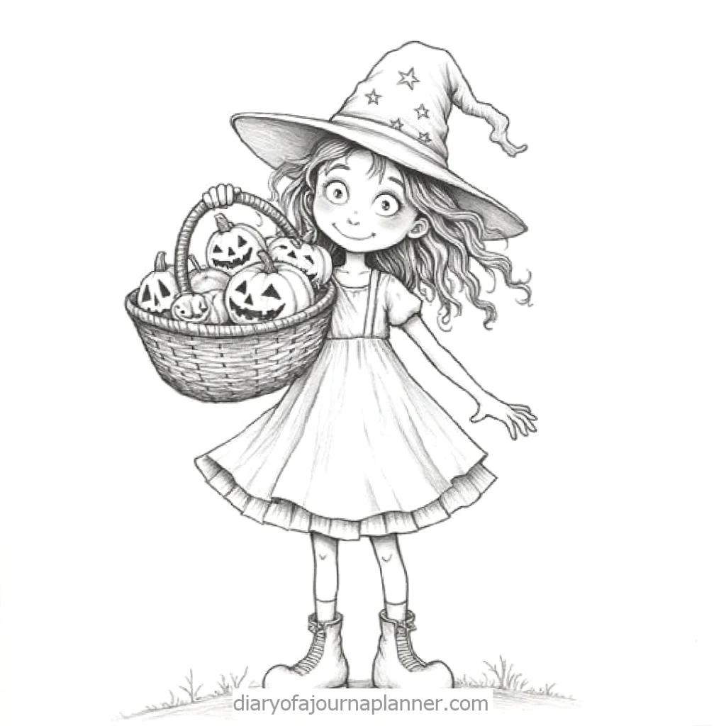 Young witch holding a basket of Jack-o'-lanterns, wearing a starry hat and dress, perfect for Halloween fun.