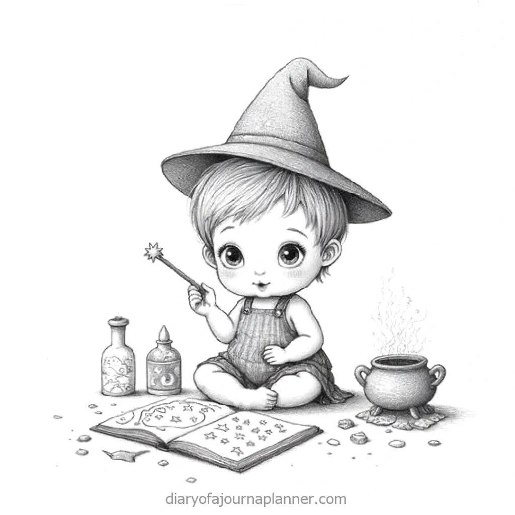 Cute baby wizard with wand, spell book, and cauldron, in a magical setting, wearing a pointy hat. Black and white illustration.