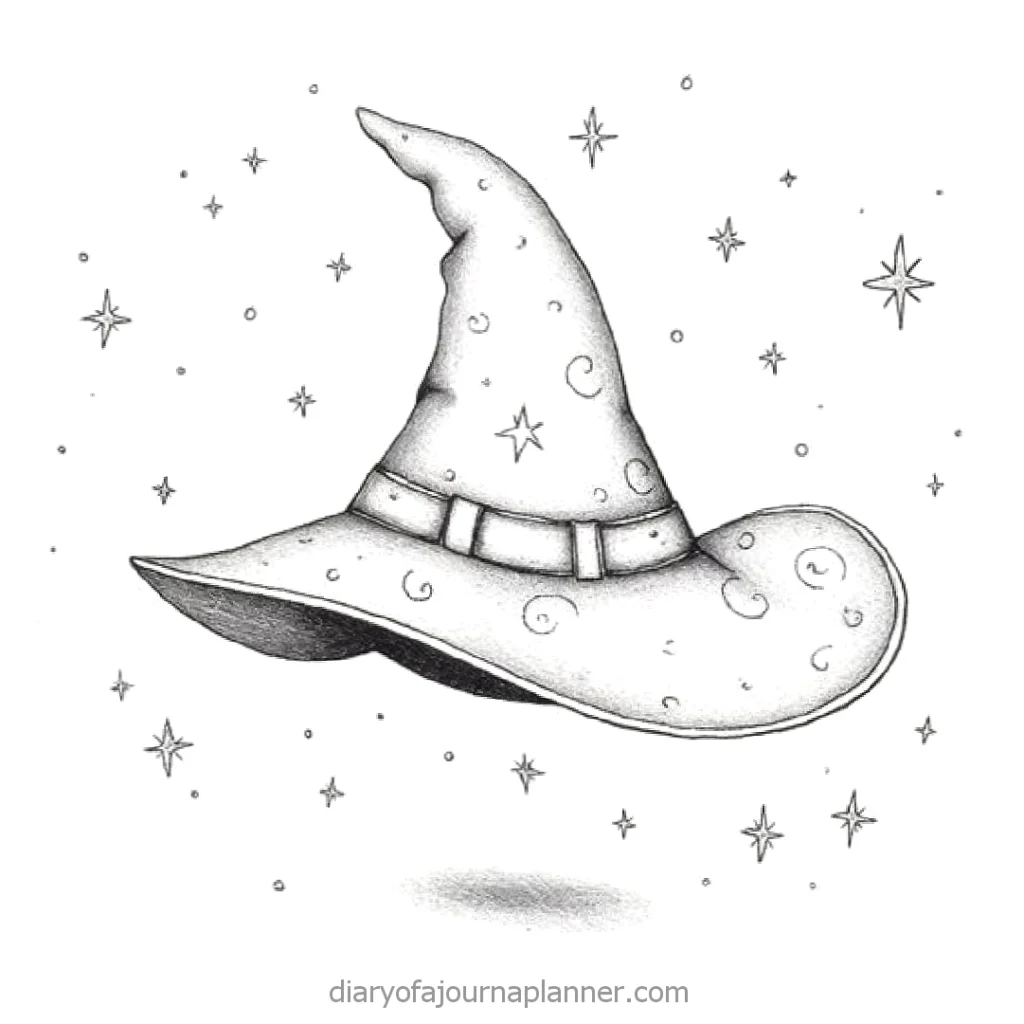 Illustration of a whimsical witch hat with stars and swirls, surrounded by twinkling stars in the background.