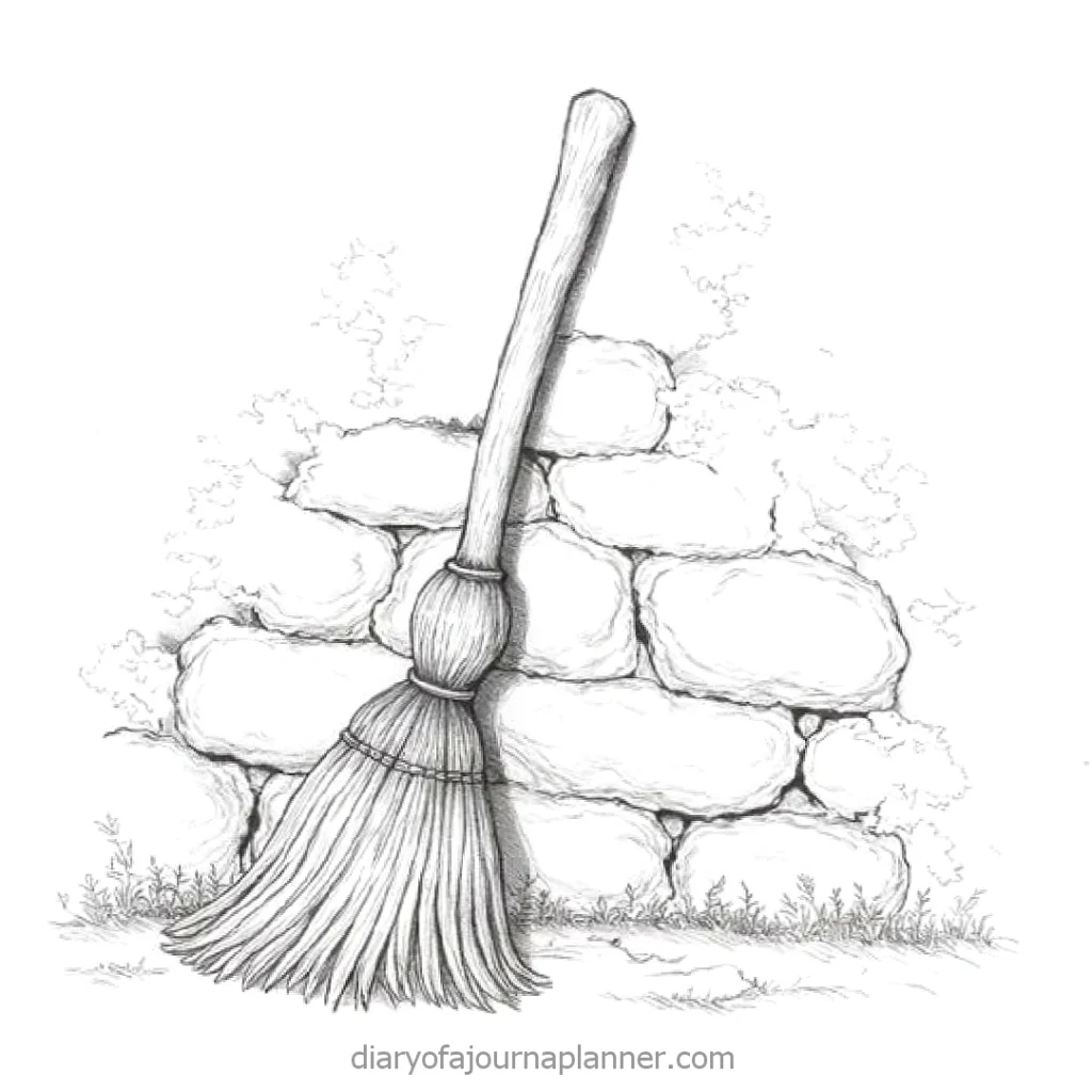 Sketch of a broom leaning against a stone wall, adding rustic charm to an outdoor garden setting.