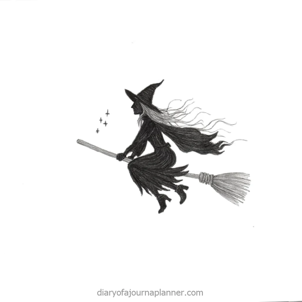 Illustration of a witch flying on a broomstick, with stars in the background, evoking a mystical, magical theme.
