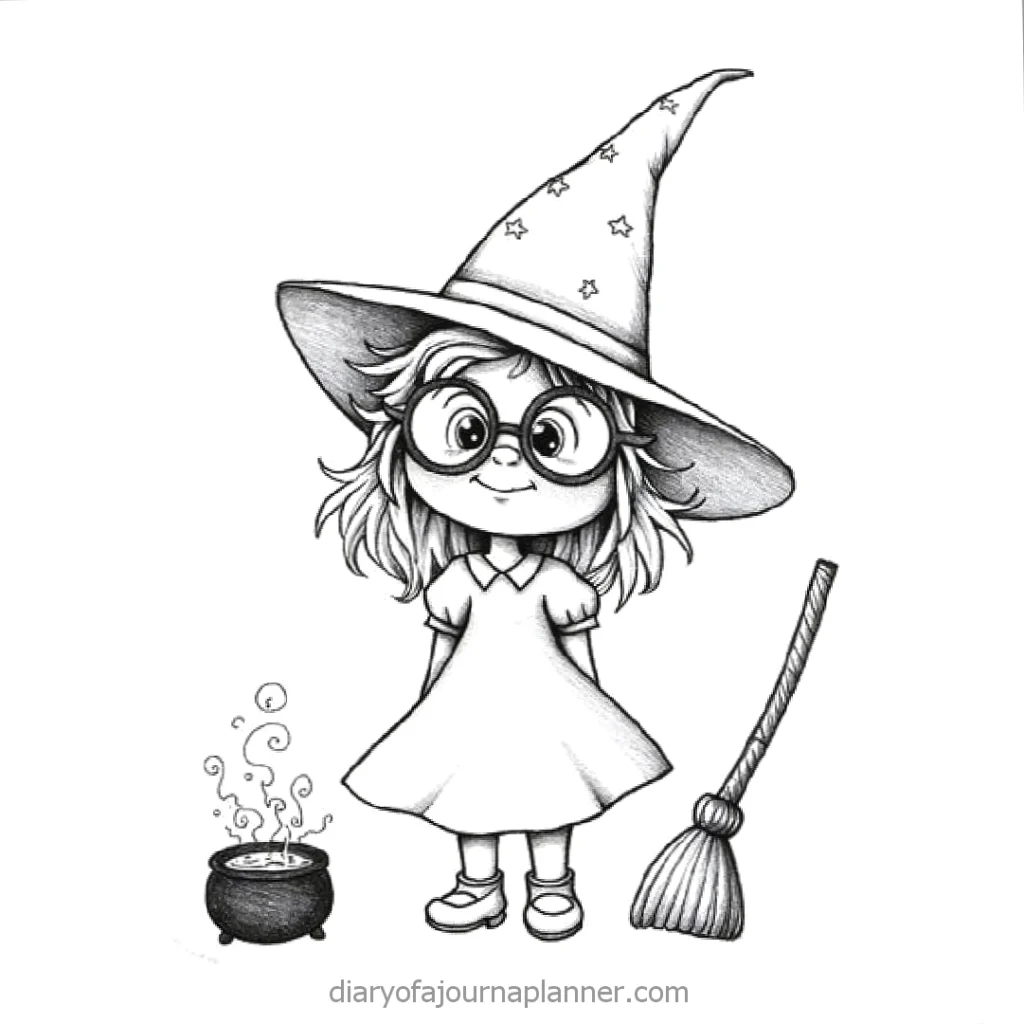 Cute cartoon witch with glasses, wearing a hat, standing by a bubbling cauldron and broomstick.