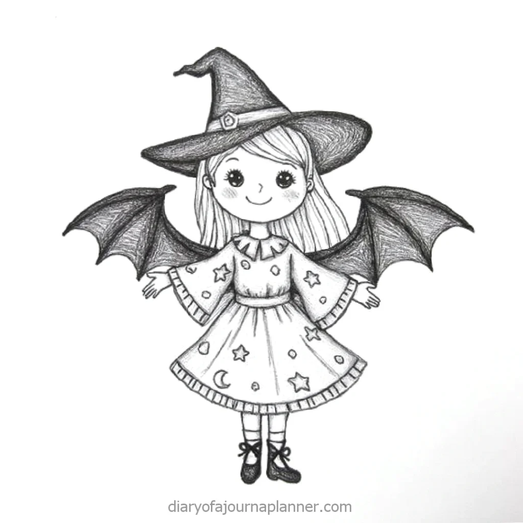 Cute witch drawing with a hat, bat wings, and starry dress, perfect for Halloween-themed designs.