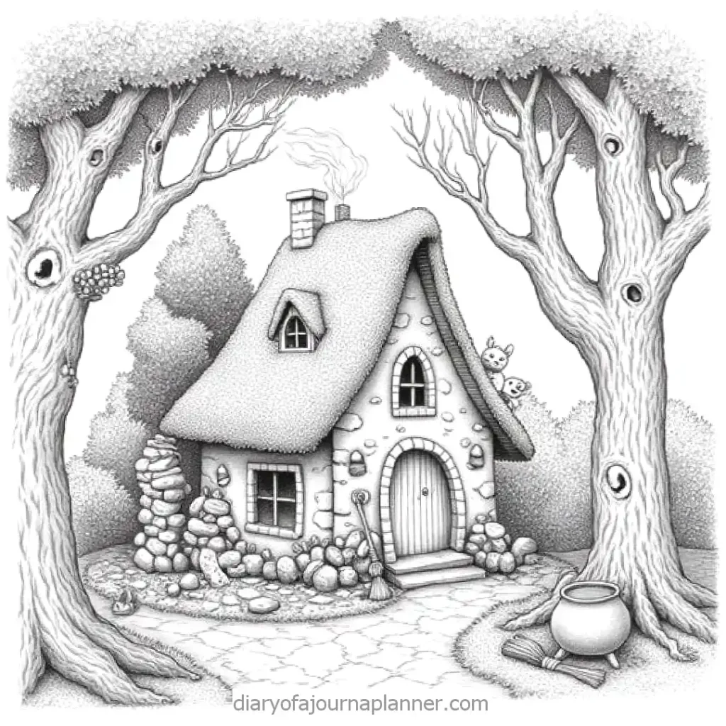 Fairy tale cottage in a forest, surrounded by trees, with smoke from chimney. Mystical and enchanting scene.