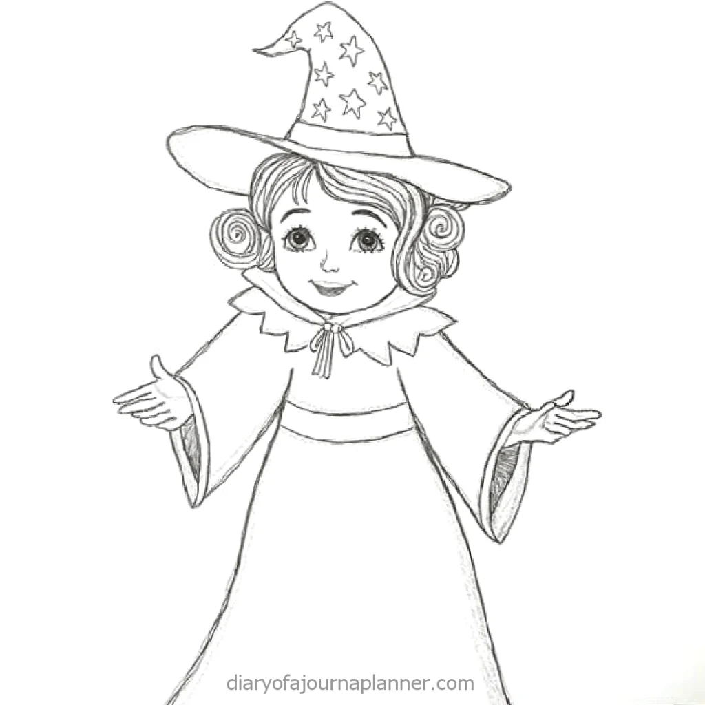 Cute child witch in a starry hat and robe, sketched with a playful smile and welcoming pose.