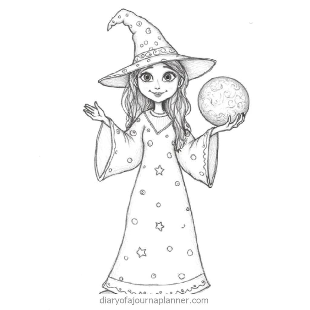 Drawing of a young witch wearing a starry robe and hat, holding a mystical orb.