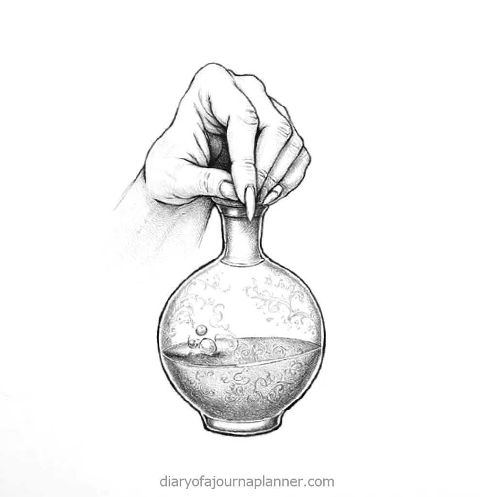 Hand holding an ornate glass bottle with liquid, intricate design details, black and white sketch.