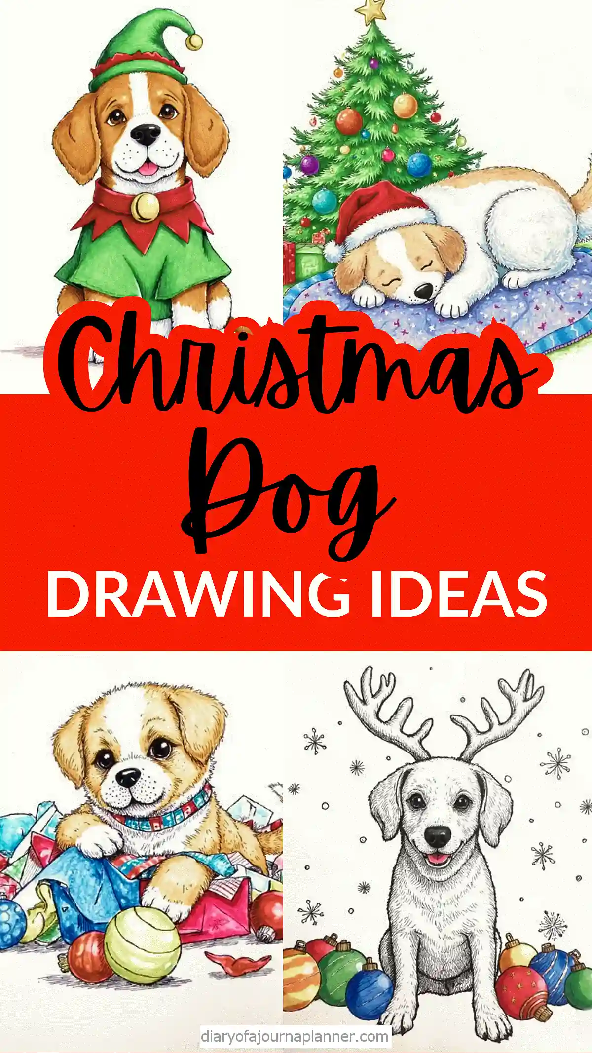 Cute Christmas-themed dog drawing ideas with festive decorations and holiday cheer. Perfect for seasonal inspiration.