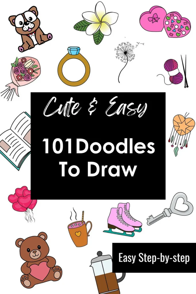 Cover of Cute & Easy 101 Doodles to Draw book with colorful drawings and step-by-step guide.