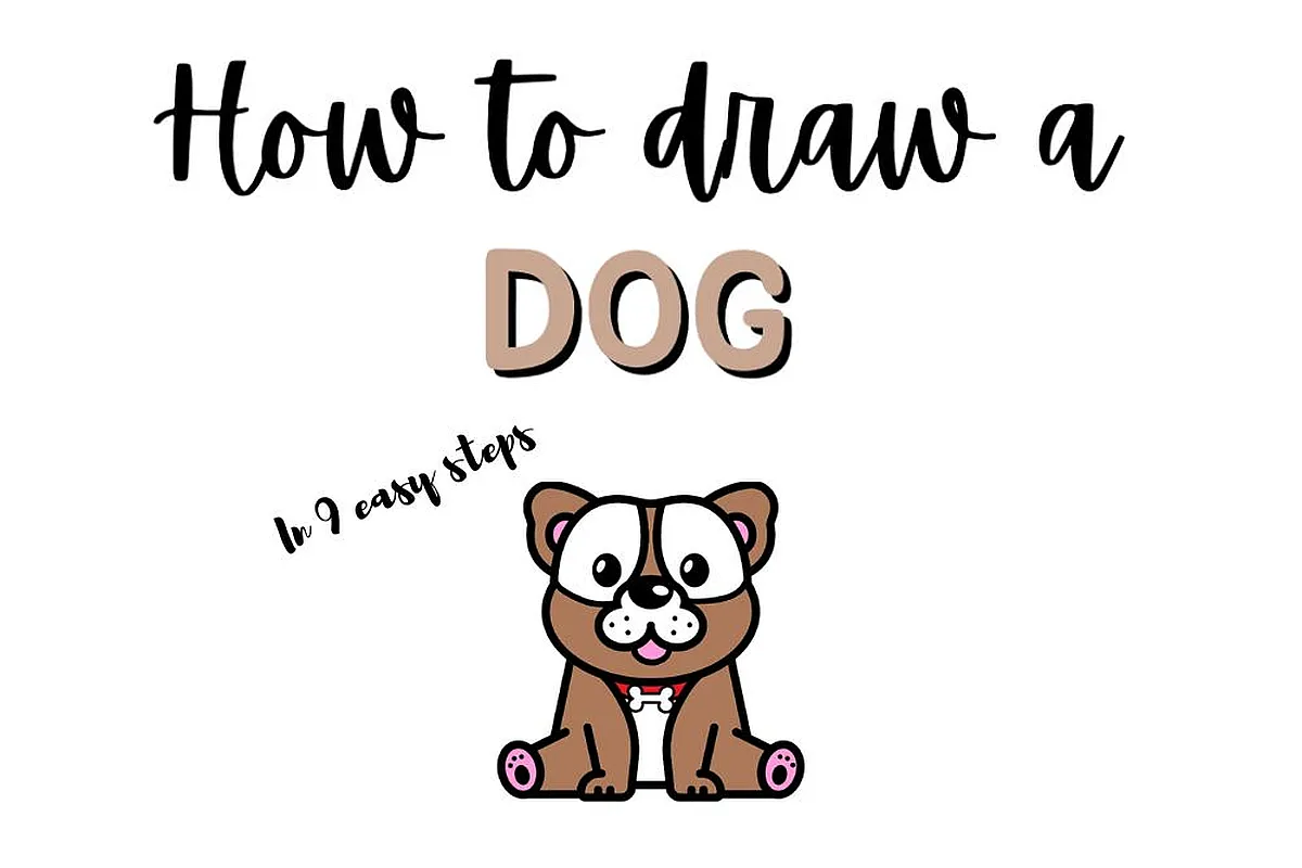 How to draw dog doodle in 9 easy steps, featuring a simple and fun illustration.