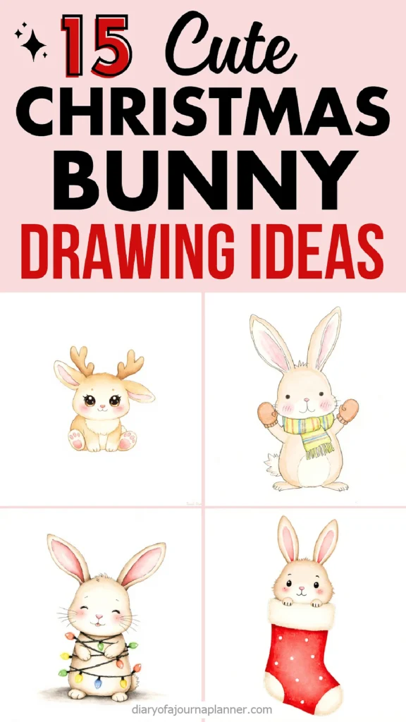 15 Cute Christmas Bunny Drawing Ideas with festive illustrations of bunnies in scarves and antlers.