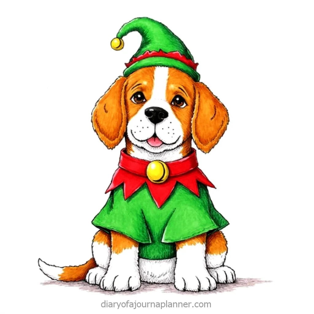 Cute dog in a green elf costume with hat and red collar, sitting happily, festive holiday theme.