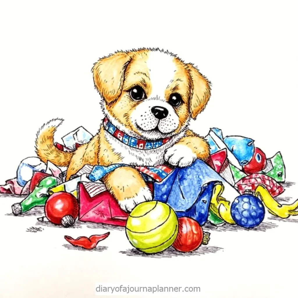 Cute puppy with toys illustration, featuring colorful balls and a playful expression.