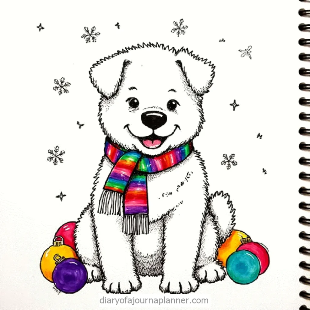 Cute puppy in colorful scarf with ornaments and snowflakes, journal art style.