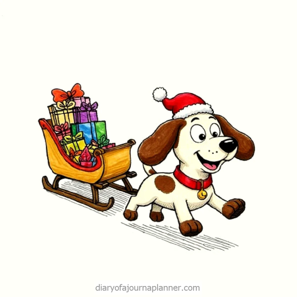 Cartoon dog in Santa hat joyfully pulls sleigh with colorful gifts. Festive holiday scene.