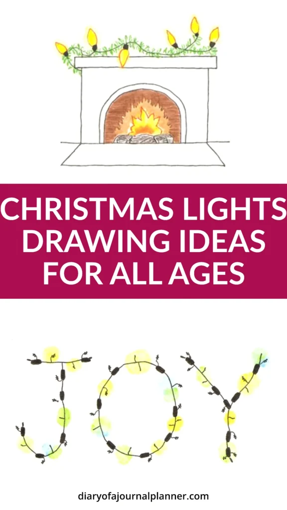 Christmas lights illustration with fireplace and JOY spelled out, perfect for holiday drawing ideas.