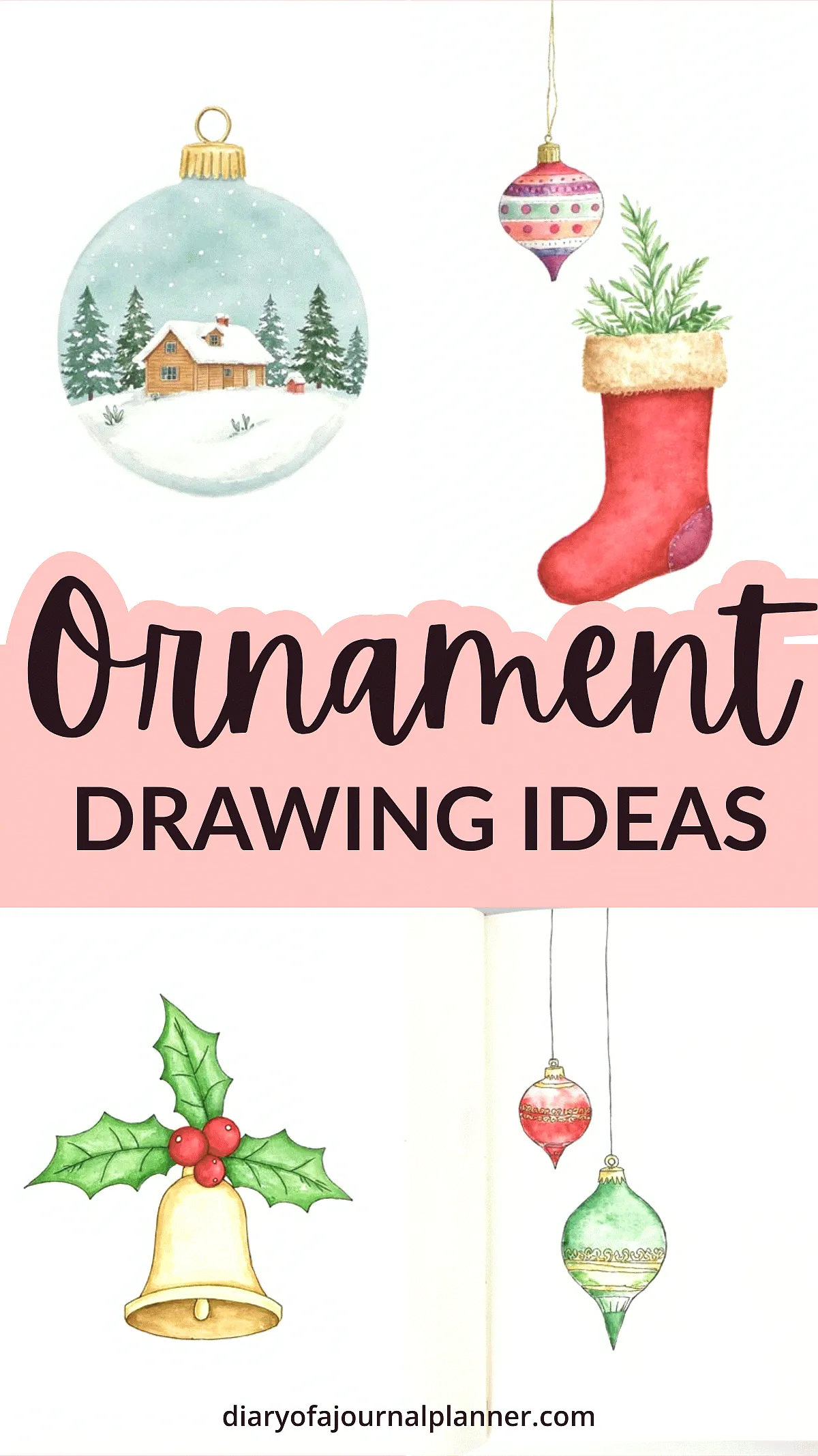 Illustrated Christmas ornament drawing ideas with festive decorations and seasonal colors.