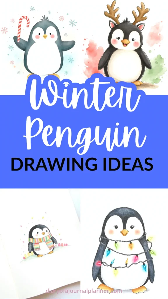 Cute winter Christmas penguin drawing ideas, featuring festive penguins with Christmas elements and colorful designs.