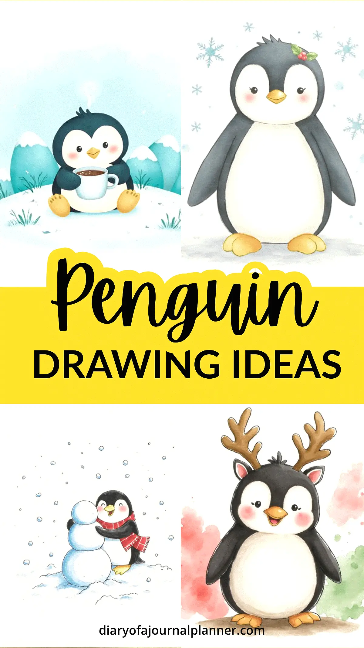 Cute penguin drawing ideas with snow and festive themes for winter art inspiration.