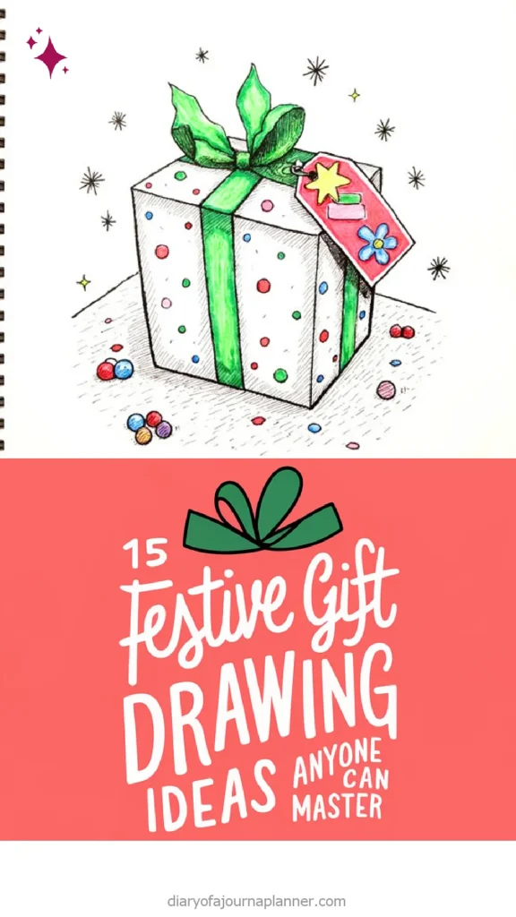 Festive gift drawing with green ribbon and colorful dots, featuring 15 creative ideas for easy holiday illustrations.