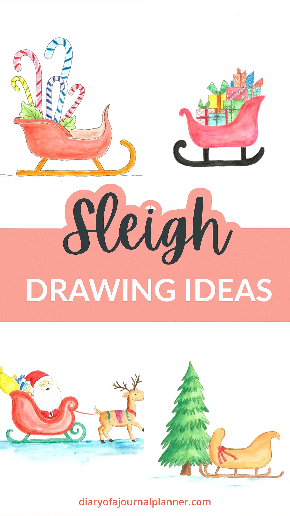 Colorful sleigh drawing ideas with gifts, candy canes, Santa, and reindeer, perfect for holiday creativity.