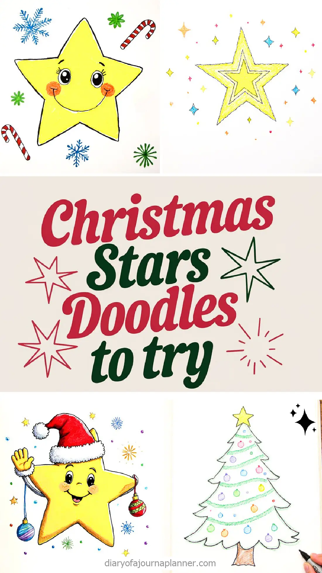 Christmas star doodles illustration with festive designs, including a Santa star and decorated tree.