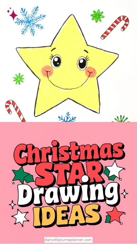 Cute Christmas star drawing with colorful candy canes and snowflakes. Christmas drawing ideas text overlay.