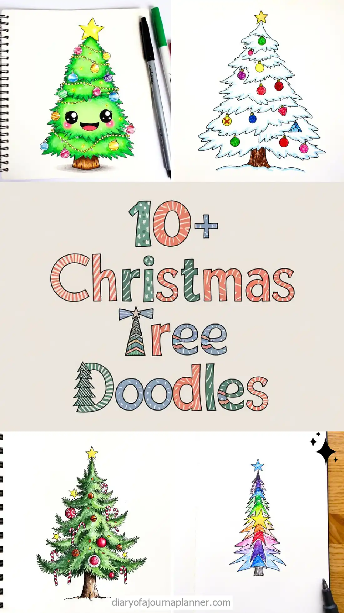 10+ Christmas tree doodle ideas with colorful drawings and pens for festive creativity.