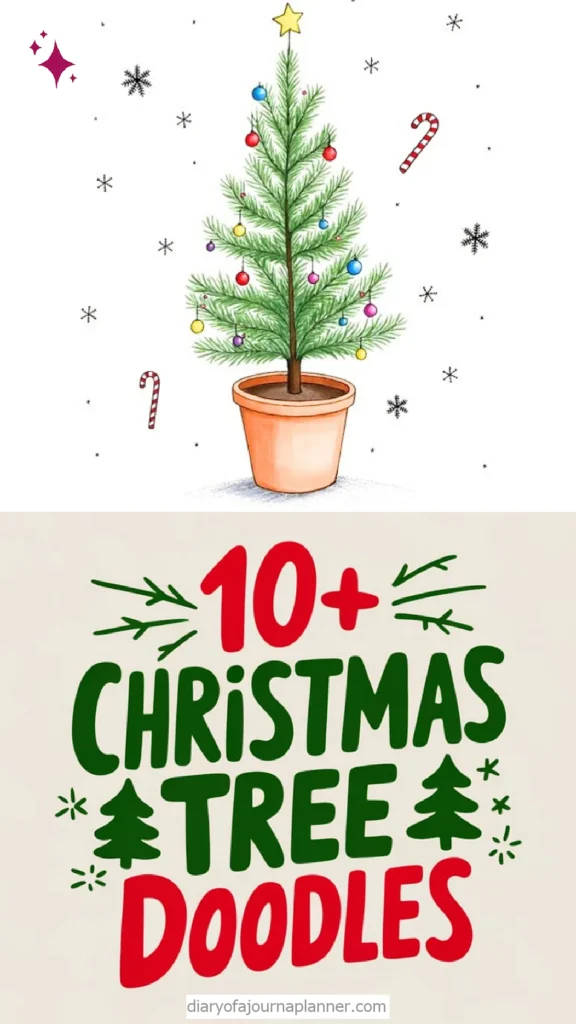 Christmas tree doodle guide with festive decorations and candy canes, offering over 10 creative drawing ideas.