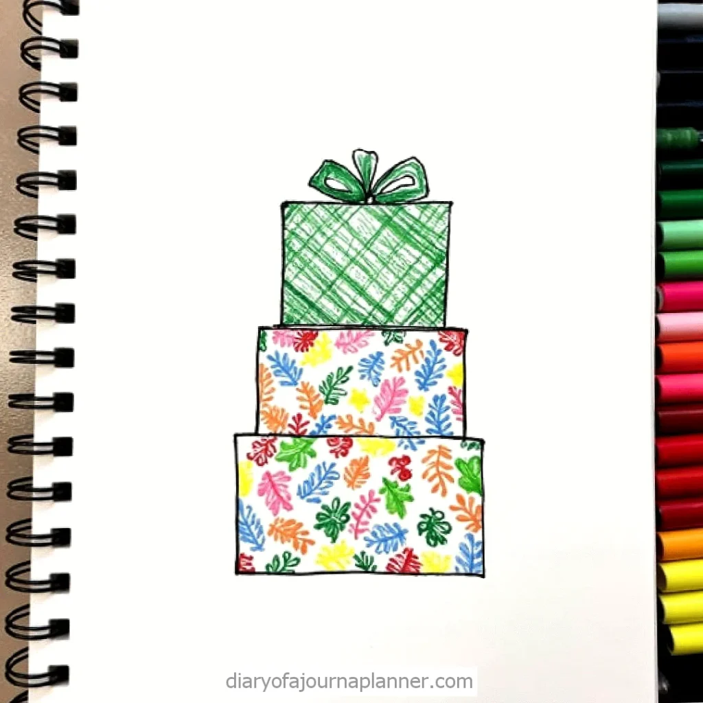 Colorful doodle of stacked gift boxes in a notebook with markers on the side.