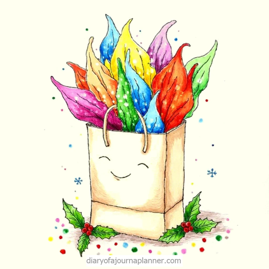 Smiling gift bag with colorful, flame-like decorations and festive holly leaves, evoking a cheerful holiday spirit.