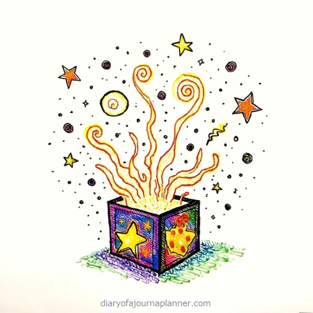 Colorful box with stars, swirls, and dots bursting out, conveying creativity and surprise.